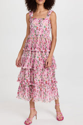 Midi-Sommerkleid mit quadratischem Ausschnitt, gesmoktem Stufenplissee und Blumenmuster - Rosa
